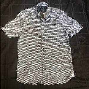 Ted Baker Geo Polo Slim Fit Short Sleeve Stretch Button Up Navy Blue Sz:3 “NWT”